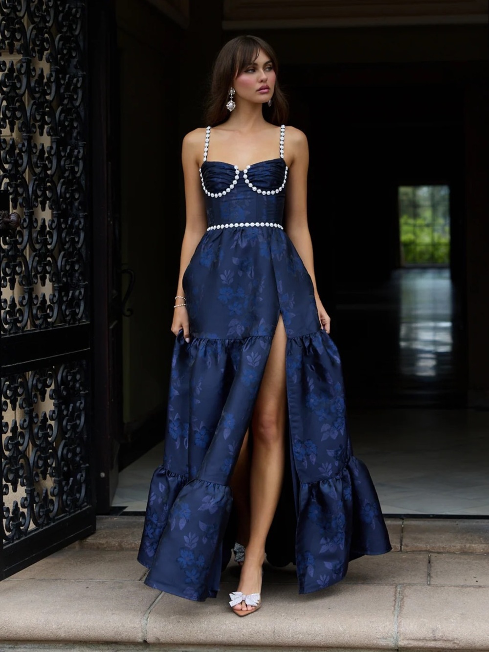 V. Chapman Lucetta Dress with Beads in Navy Baroque Floral